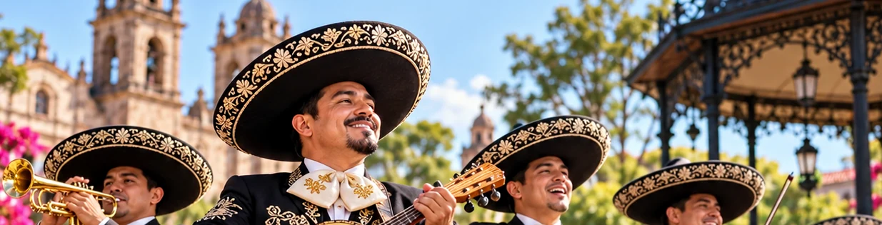 Músicos vestidos de charro tocando instrumentos tradicionales