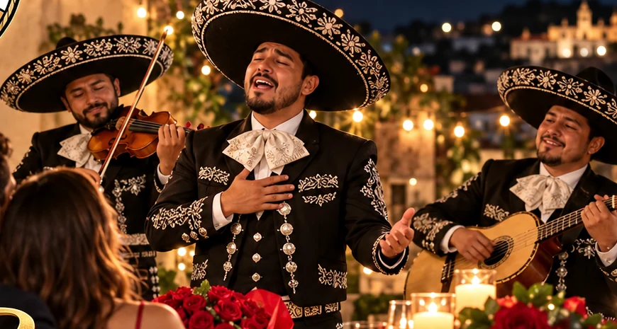 Serenata de mariachi con flores y ambiente romántico